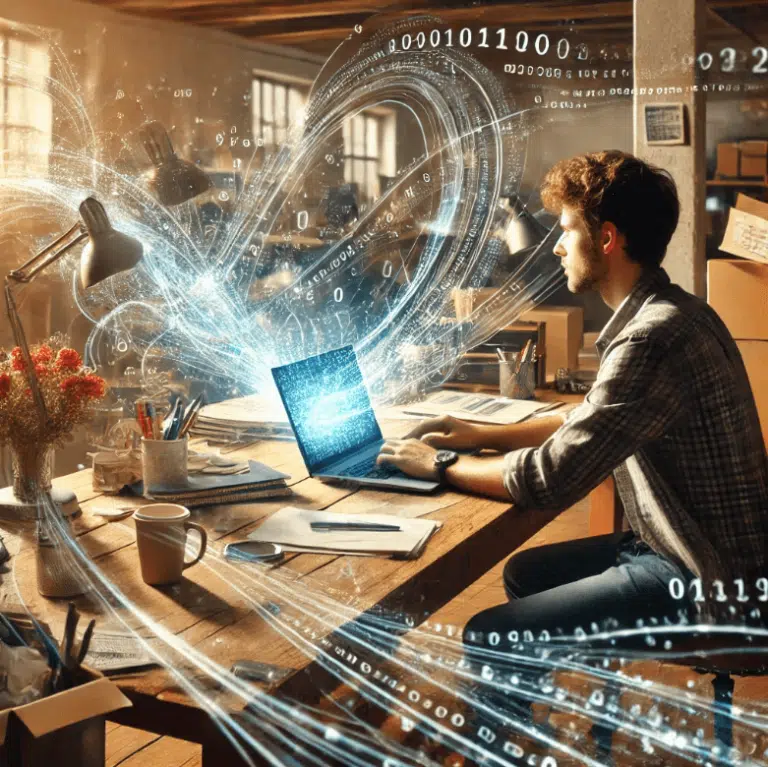 MKB-ondernemer aan bureau met laptop waaruit digitale data stroomt, symbool voor webshop datamigratie naar MplusKASSA.